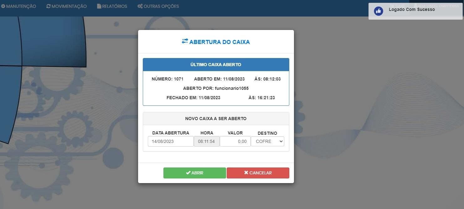 Tela de abrir caixa no login