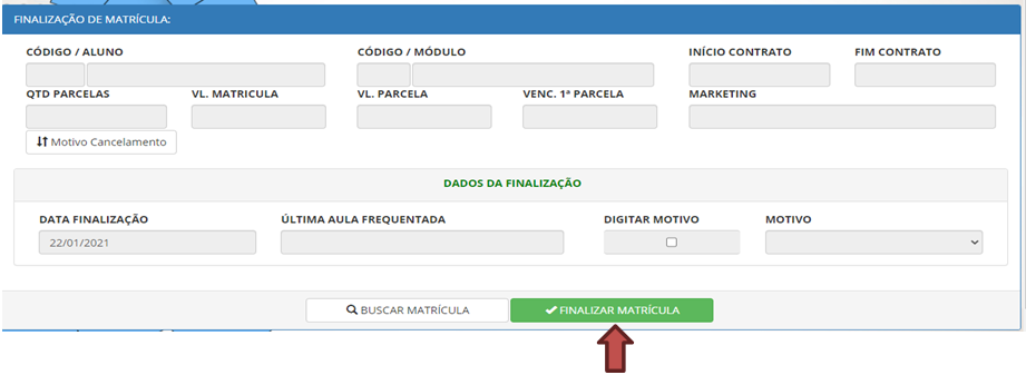 Botão finalizar matrícula