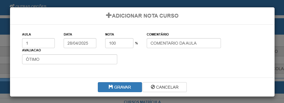 Form adicionar nota no curso