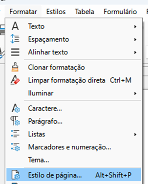 Menu Formatar &gt; Estilo da página